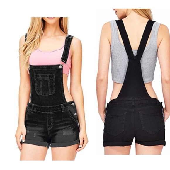Blue Spice  BLACK Distressed Stretch Denim Bib Overall Cuffed Shorts - Picture 1 of 13